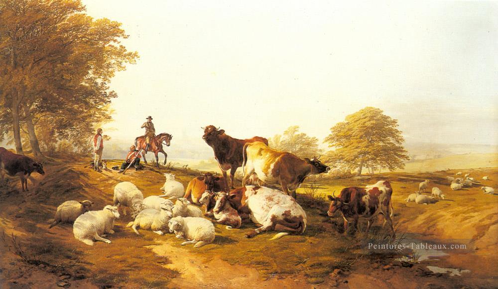 Bétail et moutons se reposant dans un paysage extensif Peintures à l'huile